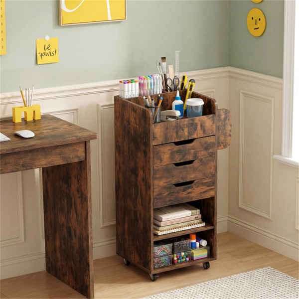 带3个抽屉和可调节货架的滚动工艺存储车，带轮子的移动包装纸收纳器-7