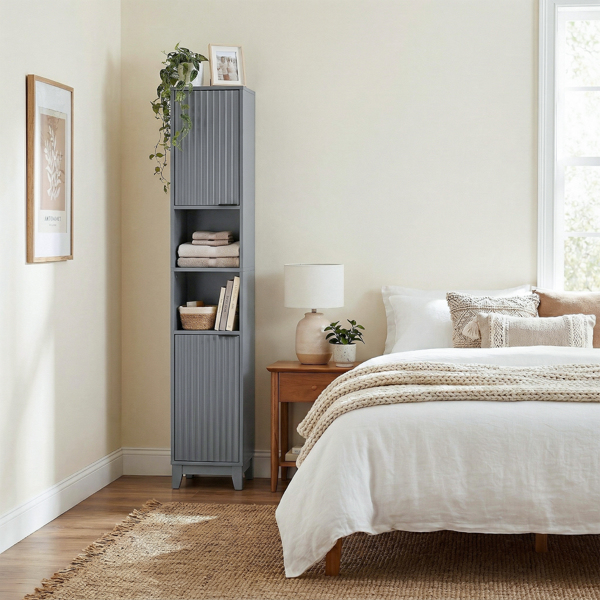 灰色 刨花板三胺贴面+密度板格栅吸塑 30*28*170cm 两门二搁架 浴室立柜-11