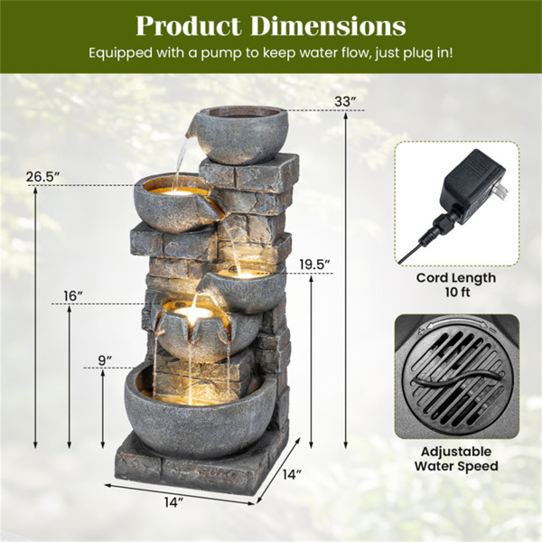 5层级联式喷泉，24个LED灯灰色树脂室外水景-5