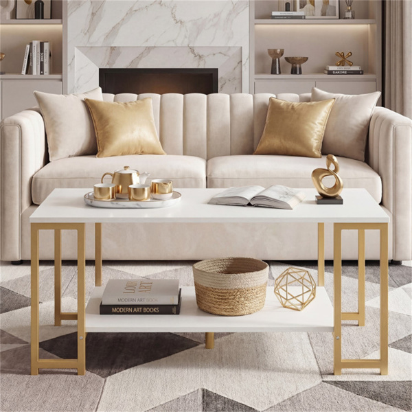 2层现代咖啡桌，带开放式储物架，适用于客厅和机器人真空友好型-6