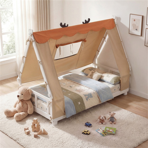 双床蒙特梭利家庭地板床，带可拆卸雨棚帐篷，带护栏的实木儿童床- 白色-8