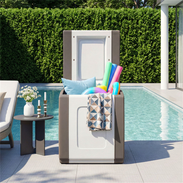 27加仑室外PP甲板箱防水露台储物箱，带侧把手和双色调设计- 米色-7