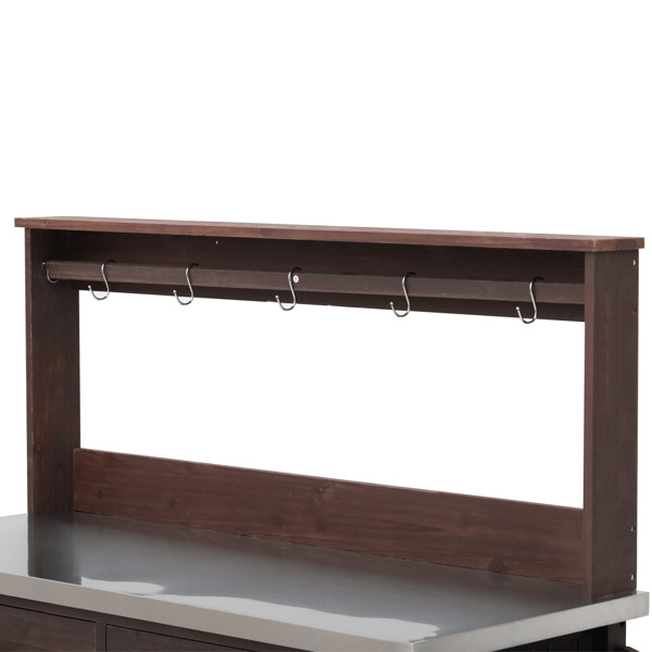 54.1英寸户外厨房岛台，带高架置物架；大型户外园艺工作台，不锈钢台面，带储物柜；实木烧烤车，带可锁定轮子，适用于烧烤和花园，棕色-22