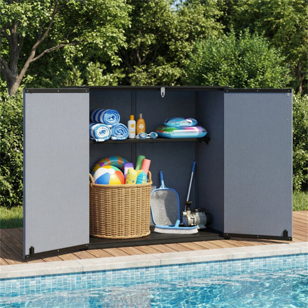 23.5立方英尺户外储物棚，带可上锁门，PP HDPE水平园艺工具柜 - 灰色-3