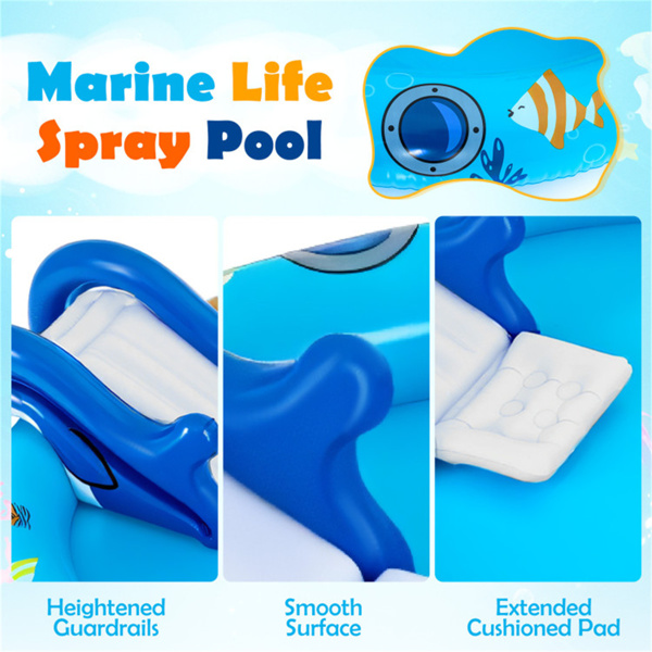 74英寸充气式海洋喷水池，带鲨鱼滑梯和灯塔喷水器，后院儿童水上游乐中心-5