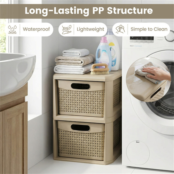 双抽屉PP储物整理器柳条式窄柜，适用于家庭办公室-9