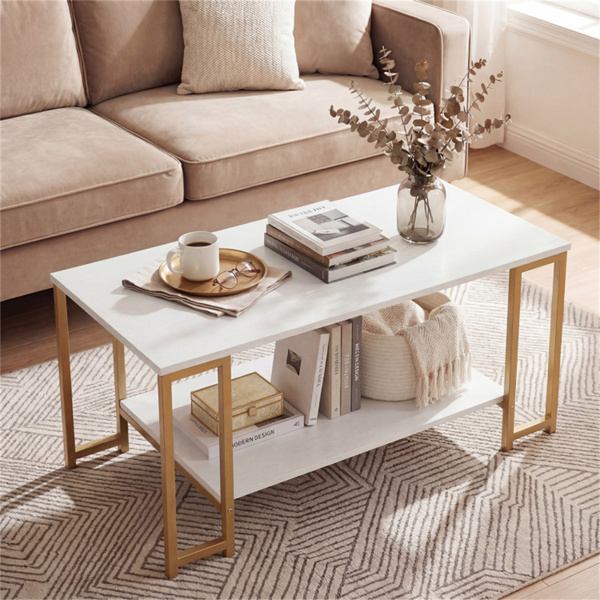 2层现代咖啡桌，带开放式储物架，适用于客厅和机器人真空友好型-9