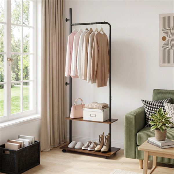 带2个木架和挂钩的工业卷衣架，卧室入口的独立衣架-9