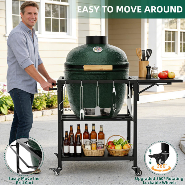 适用于Big Green Egg烧烤炉的户外烧烤桌，重型金属推车式备餐台，带轮子、储物架、挂钩和可拆卸中央盖，兼容大型Big Green Egg烧烤炉--不支持self-pick up且不支持指定仓库发货-7