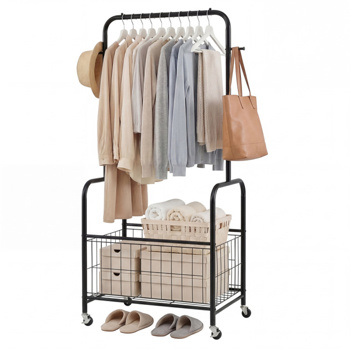 三合一滚动衣架，带储物篮和挂钩，洗衣房金属衣架 - 黑色