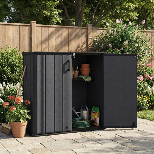 23.5立方英尺户外储物棚，带可上锁门，PP HDPE水平园艺工具柜 - 黑色-8