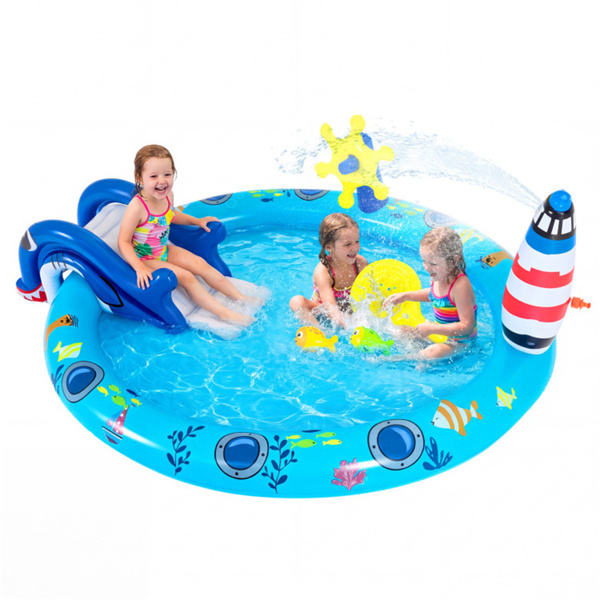 74英寸充气式海洋喷水池，带鲨鱼滑梯和灯塔喷水器，后院儿童水上游乐中心-3