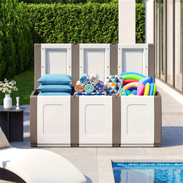 53加仑大型户外PP甲板箱防水储物箱，带可锁盖和侧把手- 米色-8