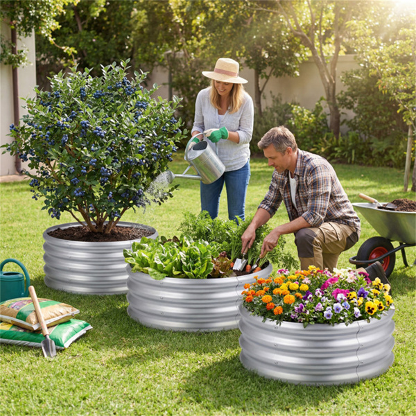 圆形镀锌钢高架花园床24×24×11.5户外蔬菜草本花卉花盆-10