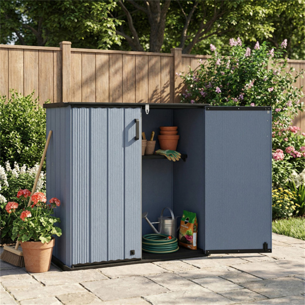 23.5立方英尺户外储物棚，带可上锁门，PP HDPE水平园艺工具柜 - 灰色-9