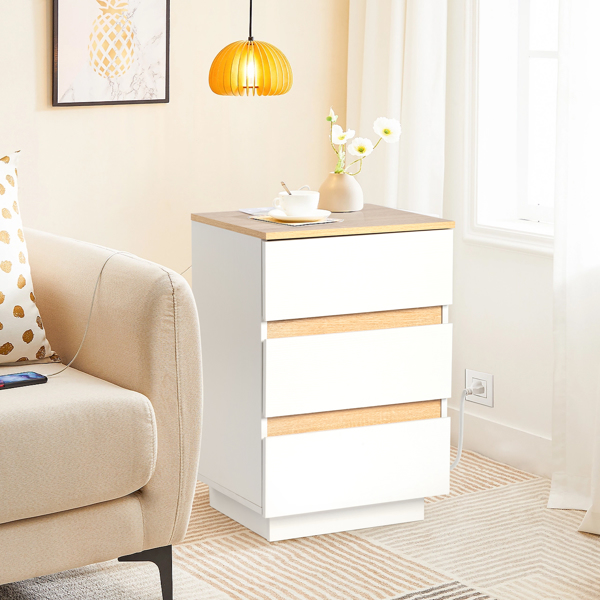 白色+橡木色 E1 刨花板 12MM 贴浮雕三胺 免拉手 38*32*56cm  3抽 床头柜 欧标插座 2pcs-20