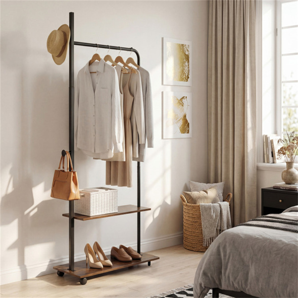 带2个木架和挂钩的工业卷衣架，卧室入口的独立衣架-7