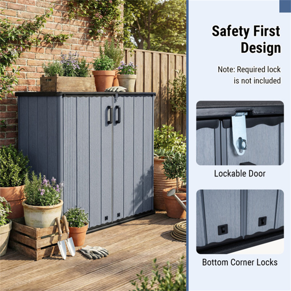 23.5立方英尺户外储物棚，带可上锁门，PP HDPE水平园艺工具柜 - 灰色-12