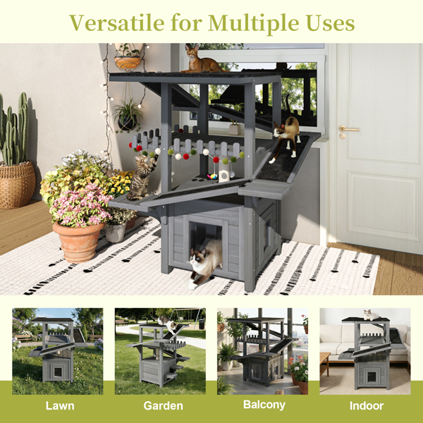 四层户外猫屋，防风雨猫树塔，带防水屋顶和两个门，流浪猫户外庇护所，多层游戏区带阳台，适用于小型动物，灰色--不支持self-pick up且不支持指定仓库发货-7