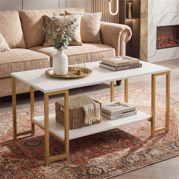 2层现代咖啡桌，带开放式储物架，适用于客厅和机器人真空友好型-1