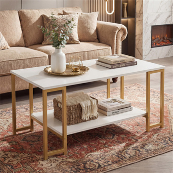 2层现代咖啡桌，带开放式储物架，适用于客厅和机器人真空友好型