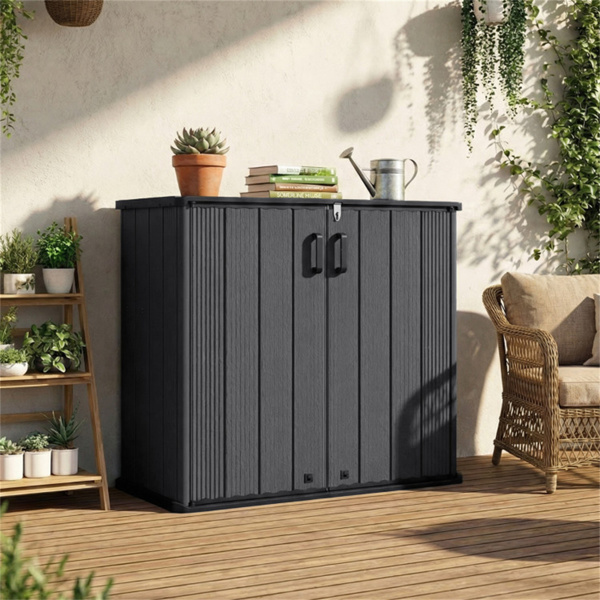 23.5立方英尺户外储物棚，带可上锁门，PP HDPE水平园艺工具柜 - 黑色-1