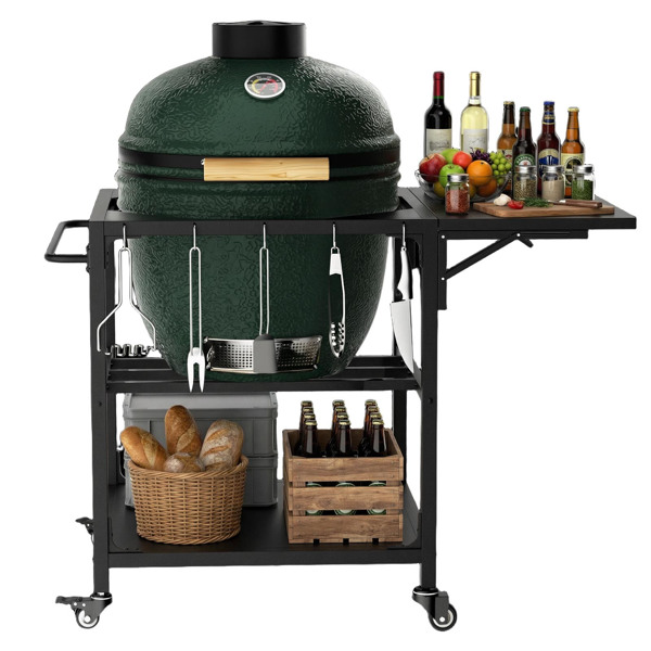 适用于Big Green Egg烧烤炉的户外烧烤桌，重型金属推车式备餐台，带轮子、储物架、挂钩和可拆卸中央盖，兼容大型Big Green Egg烧烤炉--不支持self-pick up且不支持指定仓库发货-4