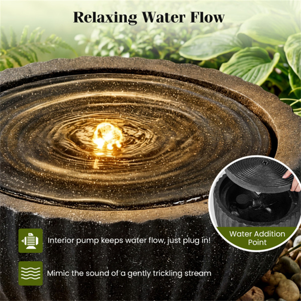 18英寸圆形球形喷泉，带6个LED灯灰色树脂室内室外水景-8