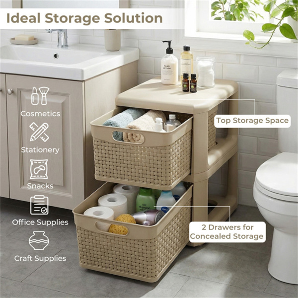 双抽屉PP储物整理器柳条式窄柜，适用于家庭办公室-4