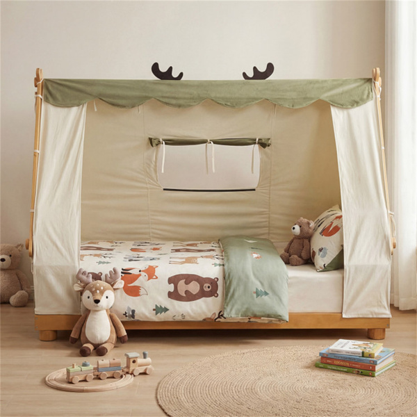 双床蒙特梭利家庭地板床，带可拆卸雨棚帐篷，带护栏的实木儿童床- 自然色-6