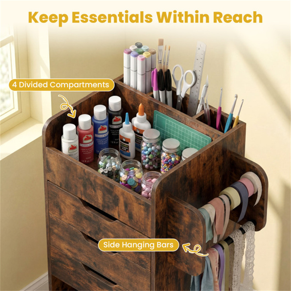 带3个抽屉和可调节货架的滚动工艺存储车，带轮子的移动包装纸收纳器-5