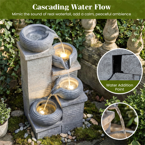 4层级联喷泉，带暖白色LED灯树脂室内室外水景-10