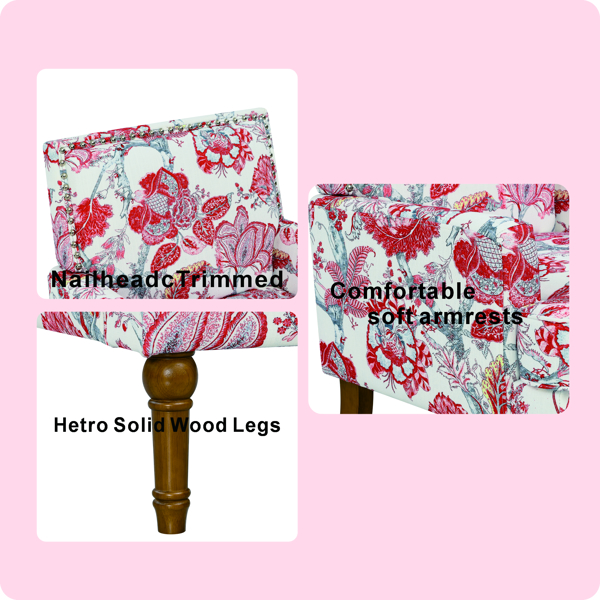 装饰椅、花卉扶手椅、铆钉装饰、红白装饰、实木椅腿、农舍家具、软垫拖鞋椅、边椅、传统印花、Wayfair 客厅。-5