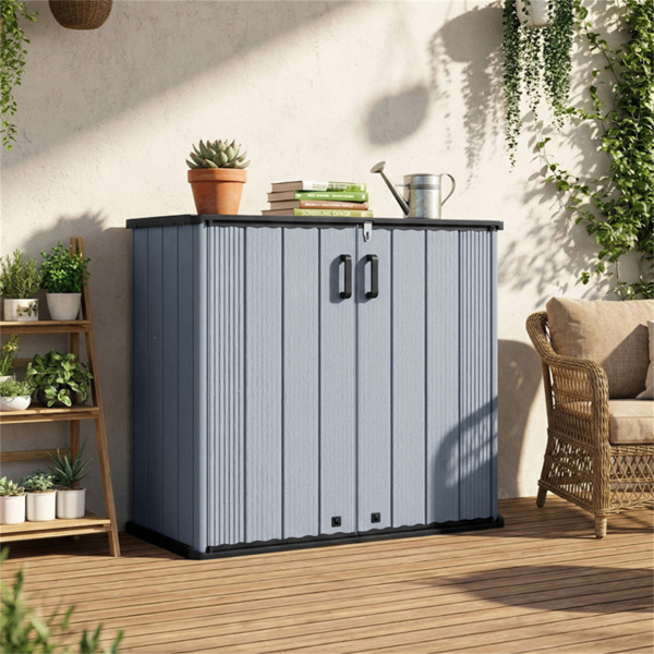 23.5立方英尺户外储物棚，带可上锁门，PP HDPE水平园艺工具柜 - 灰色-2