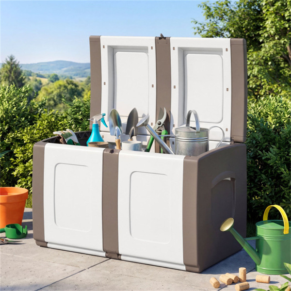 53加仑大型户外PP甲板箱防水储物箱，带可锁盖和侧把手- 米色-1