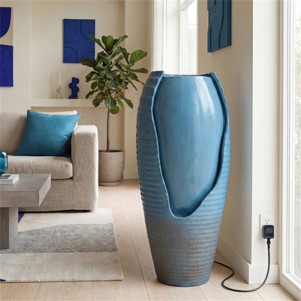 16英寸×32英寸户外带LED灯的开裂罐式喷泉树脂庭院水景-6