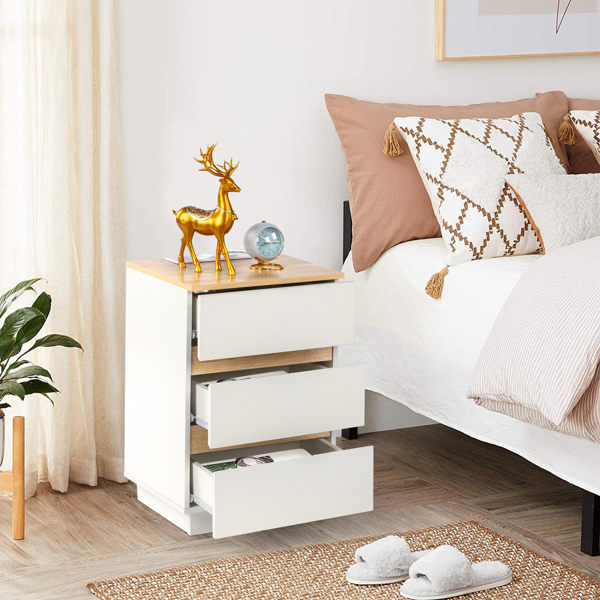 白色+橡木色 E1 刨花板 12MM 贴浮雕三胺 免拉手 38*32*56cm  3抽 床头柜 欧标插座 2pcs-21