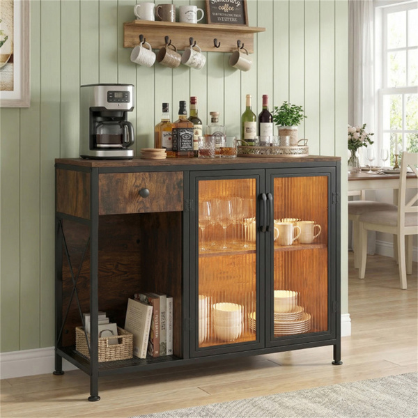 乡村棕色咖啡吧桌，带储物抽屉柜RGB LED和电源插座-2