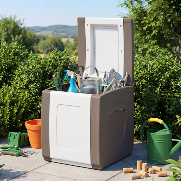 27加仑室外PP甲板箱防水露台储物箱，带侧把手和双色调设计- 米色-8