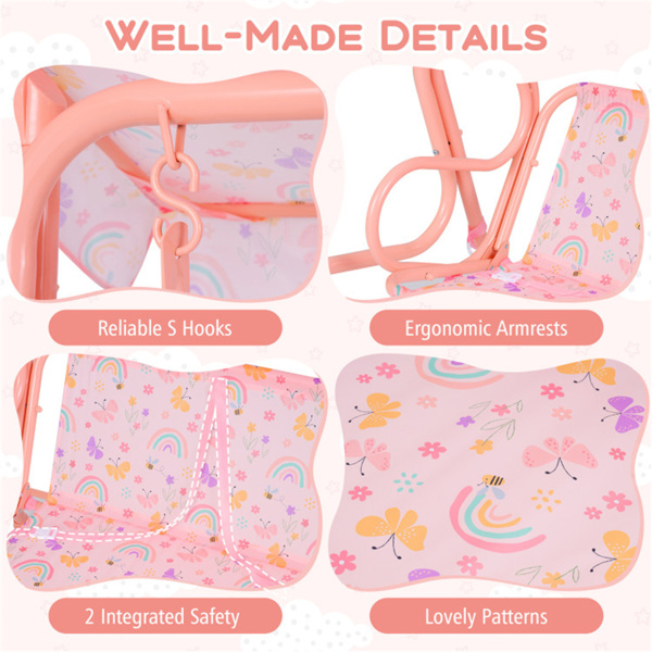 带可调节顶棚和安全带的2座儿童露台秋千室外幼儿秋千台 - 粉色-5