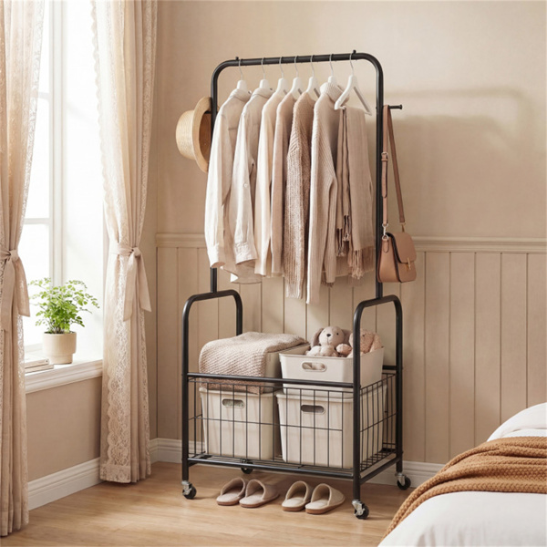 三合一滚动衣架，带储物篮和挂钩，洗衣房金属衣架 - 黑色-3