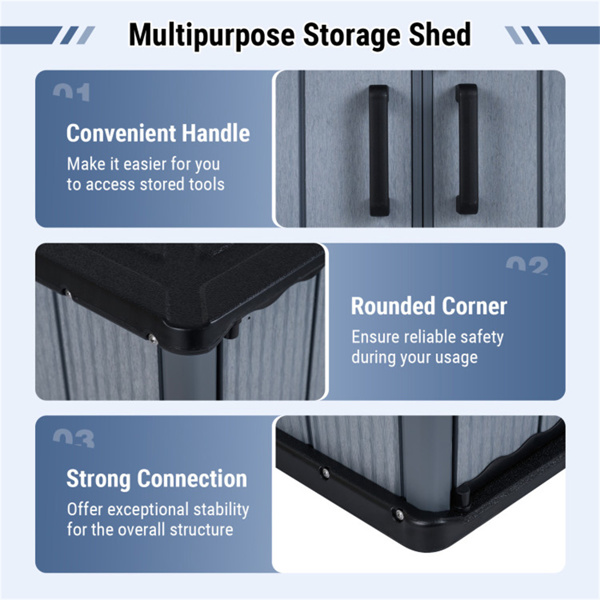 23.5立方英尺户外储物棚，带可上锁门，PP HDPE水平园艺工具柜 - 灰色-7