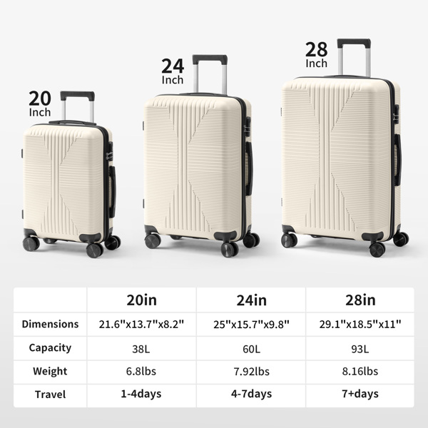 非TSA海关锁三合一 PP拉杆箱 20in 24in 28in PP 米白色-10