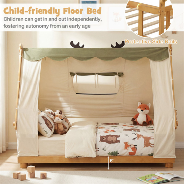 双床蒙特梭利家庭地板床，带可拆卸雨棚帐篷，带护栏的实木儿童床- 自然色-9