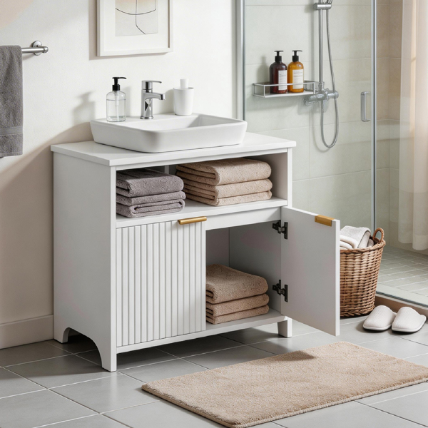 白色 刨花板三胺贴面 格栅吸塑 二门一搁架 面盆柜 60*30*60cm-8