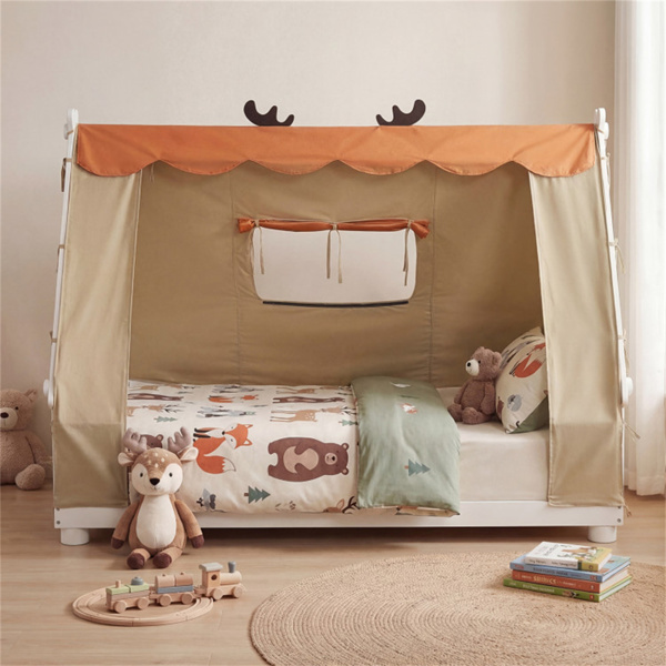 双床蒙特梭利家庭地板床，带可拆卸雨棚帐篷，带护栏的实木儿童床- 白色-6