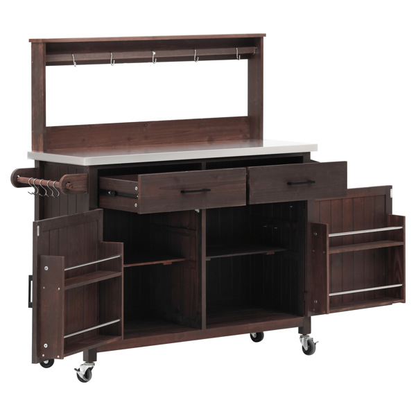 54.1英寸户外厨房岛台，带高架置物架；大型户外园艺工作台，不锈钢台面，带储物柜；实木烧烤车，带可锁定轮子，适用于烧烤和花园，棕色-16
