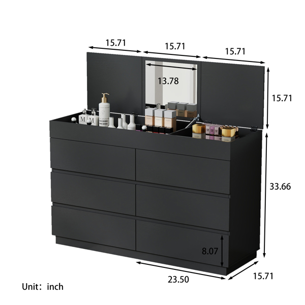 黑色浮雕 P2 12MM 刨花板 贴三胺 120*40*85.5cm 六抽带镜 抽屉柜-3