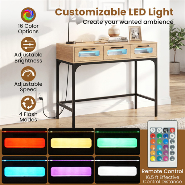 35.5“带LED灯和电源站的窄控制台桌，带充电口的3抽屉入口沙发桌-9