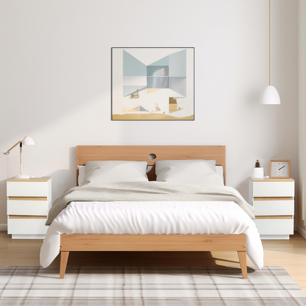 白色+橡木色 E1 刨花板 12MM 贴浮雕三胺 免拉手 38*32*56cm  3抽 床头柜 欧标插座 2pcs-17